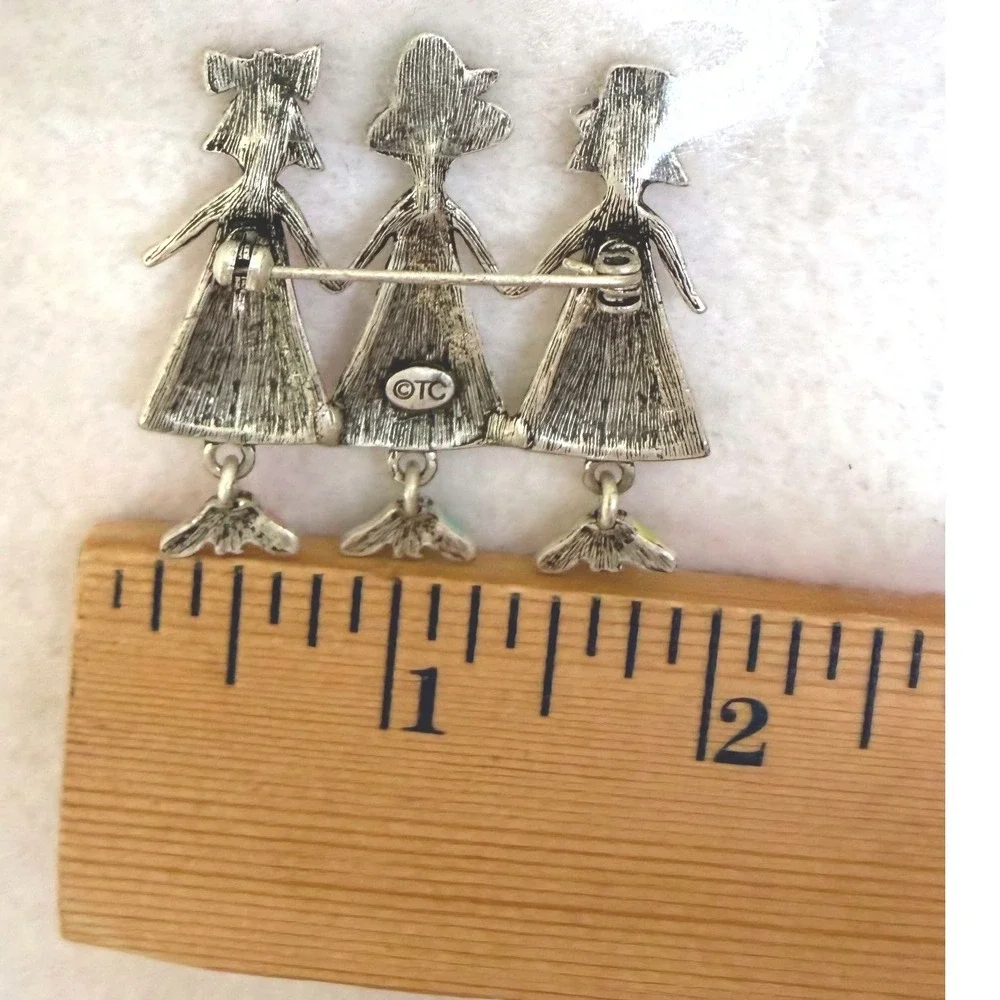 OTC Silver Tone Enamel Three Friends Holding Hands Brooch Whimsical BFF Kitsch